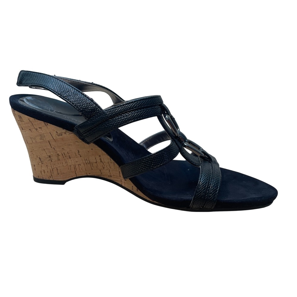 AK Anne Klein Chanatj Black Textured Cork Wedge Slingback‎ Sandals 9M